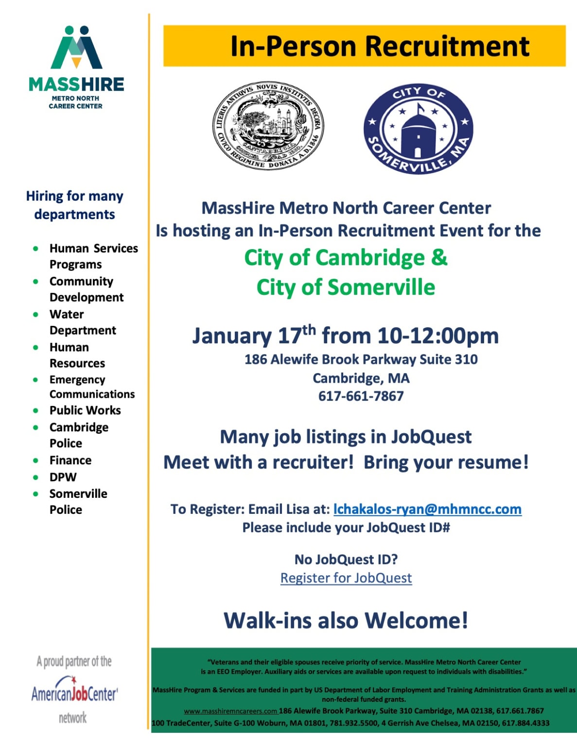 Recruitment Cambridge/Somerville MassHire Metro North Career Center